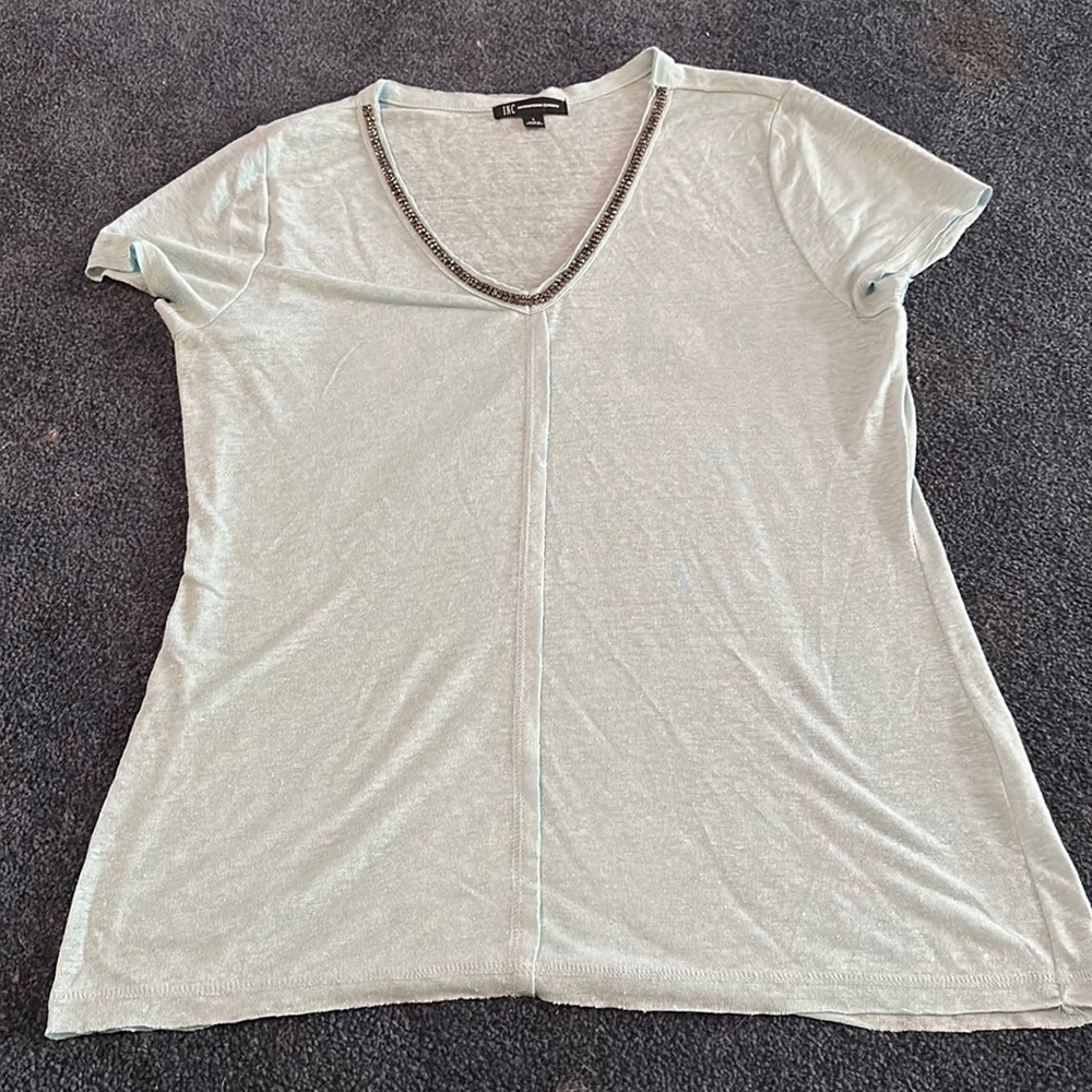 INC Teal Blouse with silver gem neck trim size L